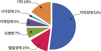 ��������� ���� �׷��� - �������(�Ķ���) 53%, �ߴ����(������) 15%, ������(���) 7%, ��ü���(�����) 5%, �ð����(�ϴû�) 1%, ��Ÿ(��Ȳ��) 18%